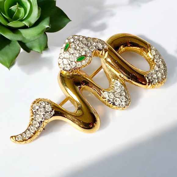 Vintage Puccini Rhinestone Snake Brooch Pin Gold tone White Green eyes figural. - Picture 1 of 6